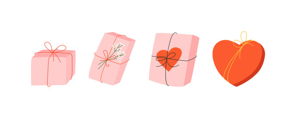 Set of various wrapping gift boxes for valentines day. Vector flat trendy illustration of cute holiday pink presents with bowknots