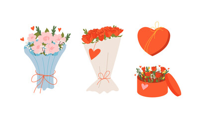 Set of holiday flower bouquets for valentines day. Vector flat illustration. Spring and summer romantic floral clipart