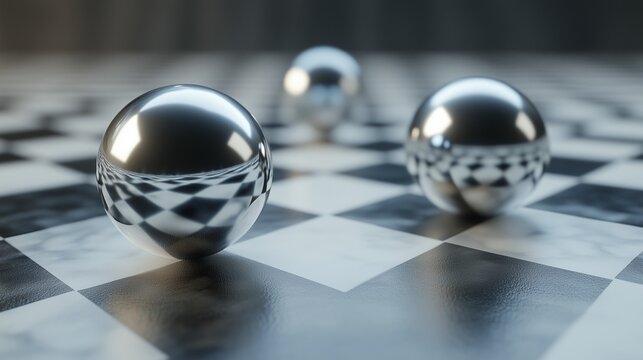 Shiny metallic spheres reflecting a checkered floor in a minimalist and futuristic setting