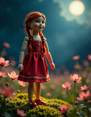 Fototapeta premium Wooden puppet of a red-haired girl