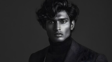 Portrait photograph of an attractive young Indian man, in black and white
