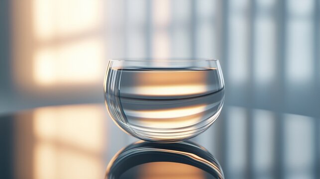 A minimalist scene featuring a clear glass of water with a soft reflection on a smooth surface