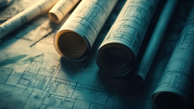 A collection of rolled architectural blueprints on a dark background, showcasing design and planning elements.