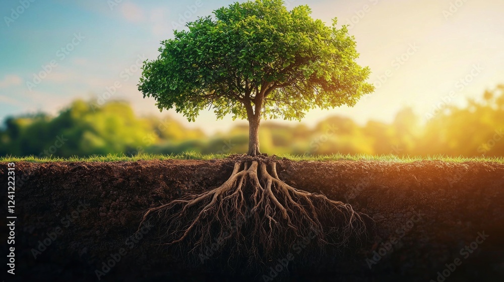 Poster sunlight dances through the lush foliage of a sturdy tree, highlighting its expansive roots deeply e