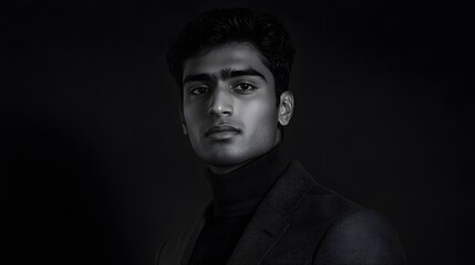 Portrait photograph of an attractive young Indian man, in black and white
