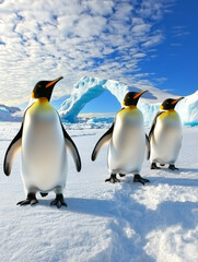Obraz premium Three penguins waddle on snow, near an ice arch under a blue sky.