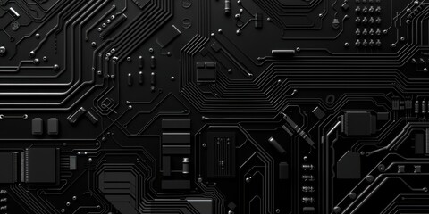 An all-black backdrop featuring subtle, minimalist circuit board patterns, Structured and intricate layout