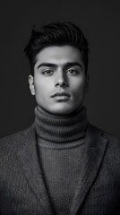 Obraz premium Portrait photograph of an attractive young Indian man, in black and white 