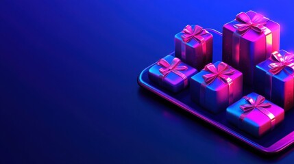 Buyers with digital devices choose and rate gifts online and presents on smartphone. Online gift review, customer review, best gift offer concept. Ultraviolet neon vector isometric 3D illustration.