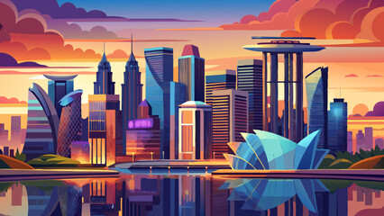 Singapore Skyline at Sunset: A breathtaking panoramic cityscape of Singapore, bathed in the warm hues of a setting sun. The majestic skyscrapers reflect on the tranquil waters. © williamnoah