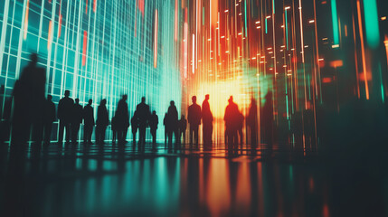 Group of business people silhouettes in modern office building and business network concept. Human resources with pastel innovation charts and graphs with statistics to analyze business