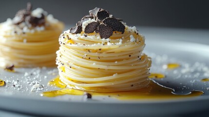 Elegant pasta dish topped with truffle and cheese served on a white plate for a gourmet experience. Generative AI