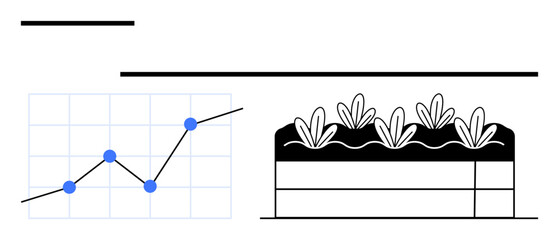 Line graph showing rising trend paired with raised garden bed growing plants. Ideal for business growth, data analysis, sustainability, agriculture, eco-friendly projects, progress, abstract line