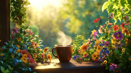 Morning coffee steams gently among vibrant flowers in a serene garden setting. Generative AI