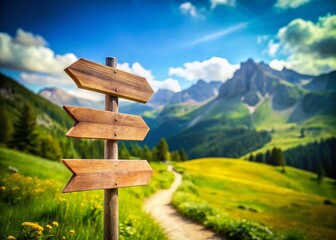 Tilt-Shift Miniature Wooden Signpost: Three Arrows, Meadow, Mountain Road