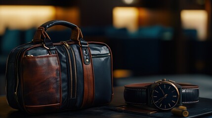 Stylish leather bag and elegant watch displayed on a table in a modern lounge setting