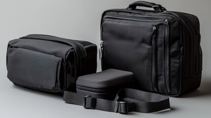 Naklejka premium A collection of sleek black bags arranged on a neutral background, showcasing modern design and versatility