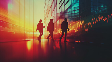 Group of business people silhouettes in modern office building and business network concept. Human resources with pastel innovation charts and graphs with statistics to analyze business