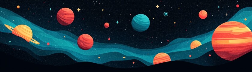 Naklejka premium Colorful planets in a vast cosmic landscape.
