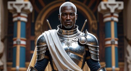Celestial silver plated armor with flowing white sash in sacred temple mature black African male shaved head background illustration portrait