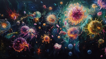 Fototapeta premium Microscopic Cellular Life Vivid Artistic Render of Diverse Cells Viruses and Microorganisms