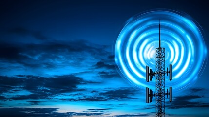 Obraz premium Sleek and futuristic signal tower glowing against a dramatic sky emitting pulsating waves of connectivity and symbolizing the innovation and progress of digital communication technology