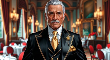 Fototapeta premium Classic black three piece suit with golden cufflinks in grand dining hall elderly Hispanic man white slicked back hair background illustration portrait