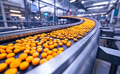 Obraz premium The yellow pills on the conveyor belt in a factory for food production line at a metal warehouse