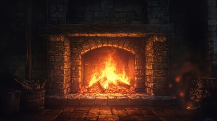 Fototapeta premium A glowing fire in a rustic stone fireplace, with vibrant flames and softly glowing embers illuminating the room.