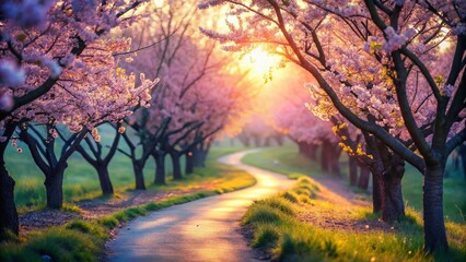 Spring Path Blooming Tree Long Exposure Photography - Magical Sunlight Trails