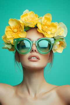 Close-up portrait of a woman wearing large green sunglasses and a floral yellow headband, showcasing a trendy and stylish look with a fresh, vibrant, and tropical-inspired aesthetic.