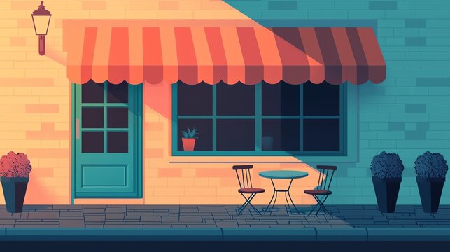 Cozy cafe with outdoor seating and plants.