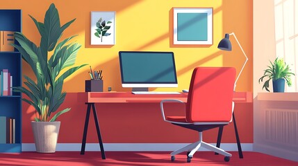 Sunlit home office with computer, desk, chair, plants, and bookshelves.