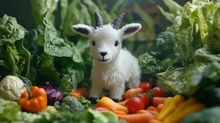 Goat plushie surrounded by toy veggies in a pretend garden