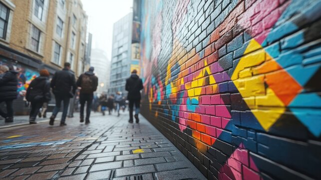 People walking past vibrant street art in a bustling urban environment during a cloudy day. Generative AI