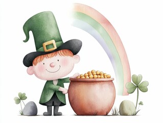 st patricks day watercolor concept, A cheerful leprechaun stands by a pot of gold at the end of a rainbow, surrounded by clovers and stones, embodying Irish folklore and magic.