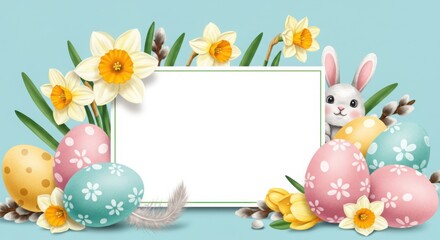 Cute Easter Bunny, Eggs and Daffodils Frame for Greetings