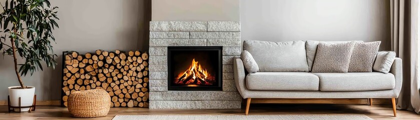 Cozy living room with fireplace and plants.