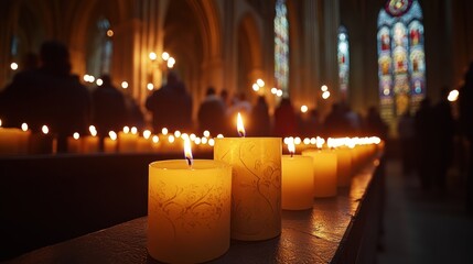 Candlelight vigil in a historic cathedral with stained glass windows illuminating the solemn gathering. Generative AI
