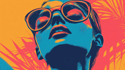 Obraz premium Colorful pop art portrait of woman with sunglasses and tropical background