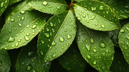 Dewdrops glisten on lush green leaves after a refreshing rain in a tranquil garden setting. Generative AI