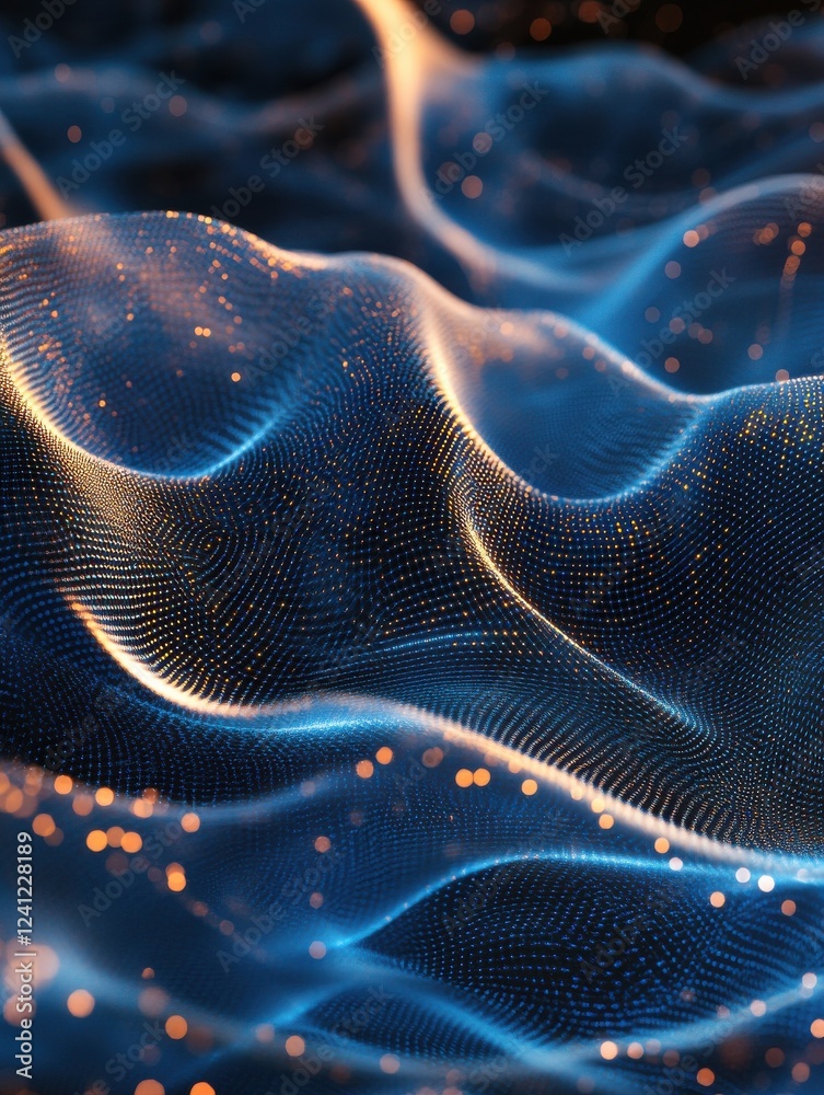 Poster abstract blue tech background with digital waves, dynamic network system, artificial neural connecti