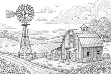 Fototapeta premium farm theme, Rustic barn and windmill in a serene countryside landscape. outline for coloring.
