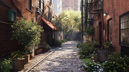Charming cobblestone alleyway lined with brick buildings and lush greenery