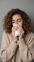 woman with curly hair holds tissue to her face, expressing sadness. Her cozy sweater adds warmth to scene