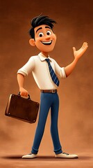 A young man in formal attire, smiling and waving with one hand while holding his briefcase in the other
