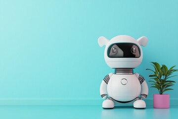 Fototapeta premium Cute robot with a plant in a modern setting.
