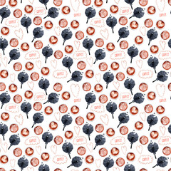 Watercolor seamless pattern with coffee attributes - various coffee pots, geyser coffee makers, cups, berries