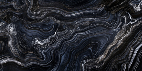 Obraz premium Dark obsidian marble background with swirling silver veins, deep polished volcanic stone texture.