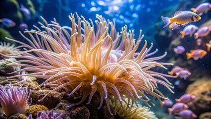 Obraz premium Vibrant Sea Anemone Surrounded by Colorful Tropical Fish in Ocean